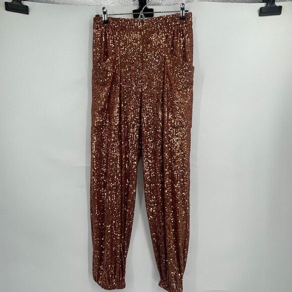 Free People Metallic Bronze Morelia Sequin High Waist Pull-On Jogger Pants Small - Picture 2 of 7